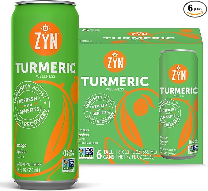 ZYN Turmeric Wellness Drink (6 Pack) Mango Lychee Flavored Turmeric Curcumin with Black Pepper No Added Sugar Low Carb &amp Low Calorie Clean Alternative