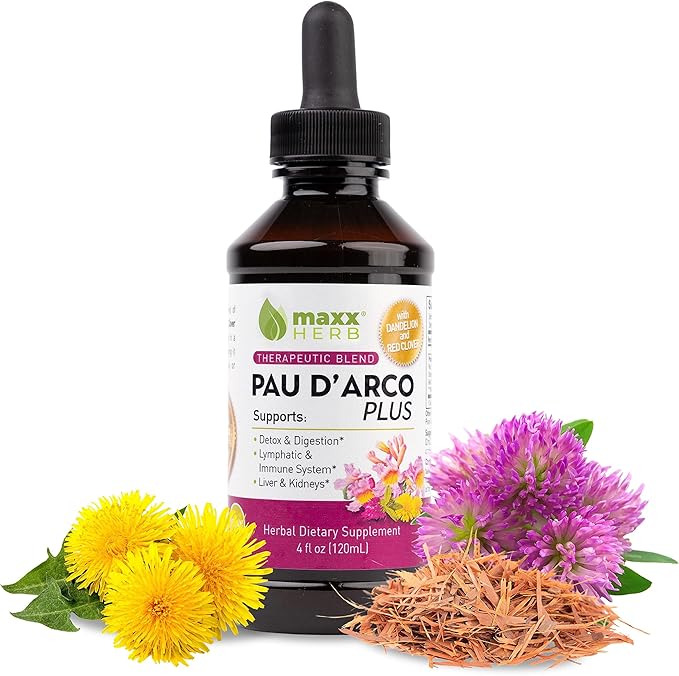 Maxx Herb PAU D’Arco Extract with Dandelion Root &amp Red Clover Therapeutic Blend PAU Darco Tincture Absorbs Better Than Taheebo Tea or Capsules for Immune Support - 4 Oz Bottle (60 Servings)