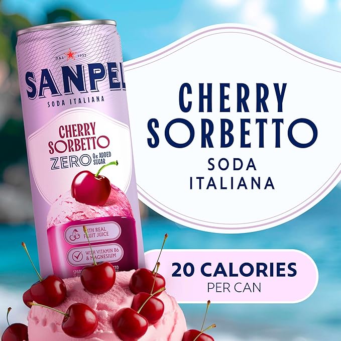 Sanpellegrino Soda Italiana Cherry Sorbetto Italian Sparkling Drink 0g Added Sugar Real Fruit Juice Italian Soda Sparkling Beverage 24-Pack