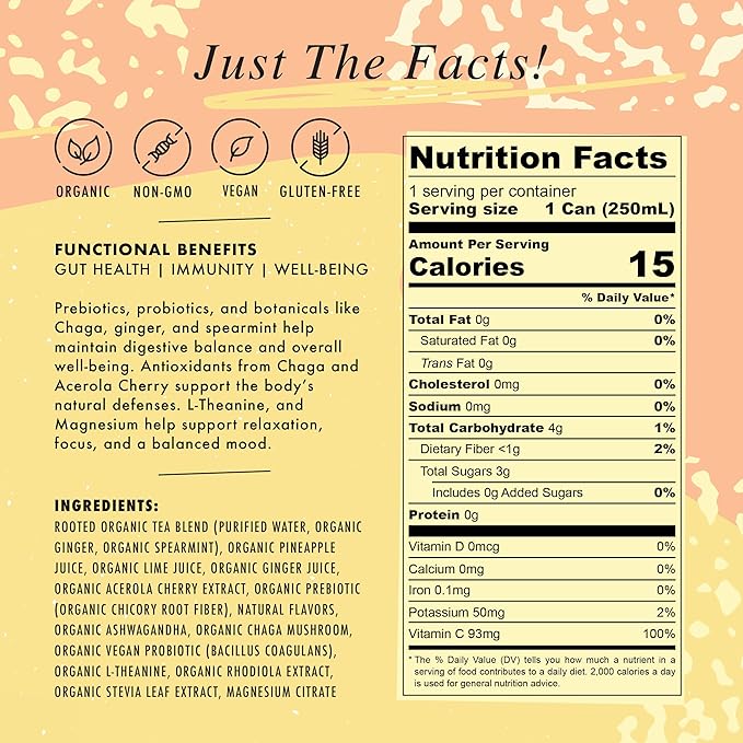 NA Non-Alcoholic Functional Adaptogen Drinks with Pre &amp Probiotic Blend | Ashwagandha Mushrooms Magnesium &amp L-Theanine | Low Sugar Low Calorie Social Tonic Ginger Pineapple 8.4oz Cans (12