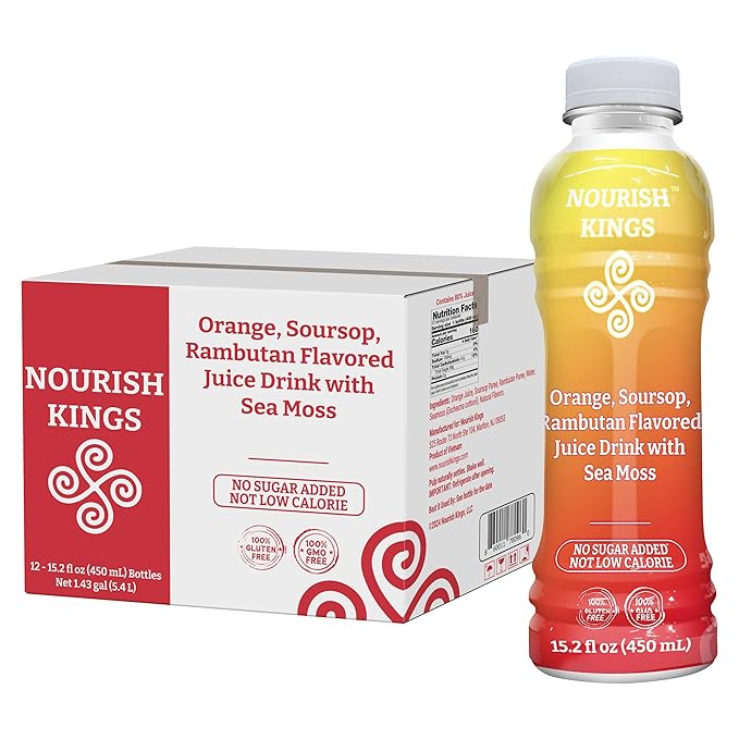 Nourish Kings- Sea Moss drink with Rambutan Soursop &amp Orange juice No Added Sugars or Preservatives 12 pack of 15.2 Fl oz Bottles