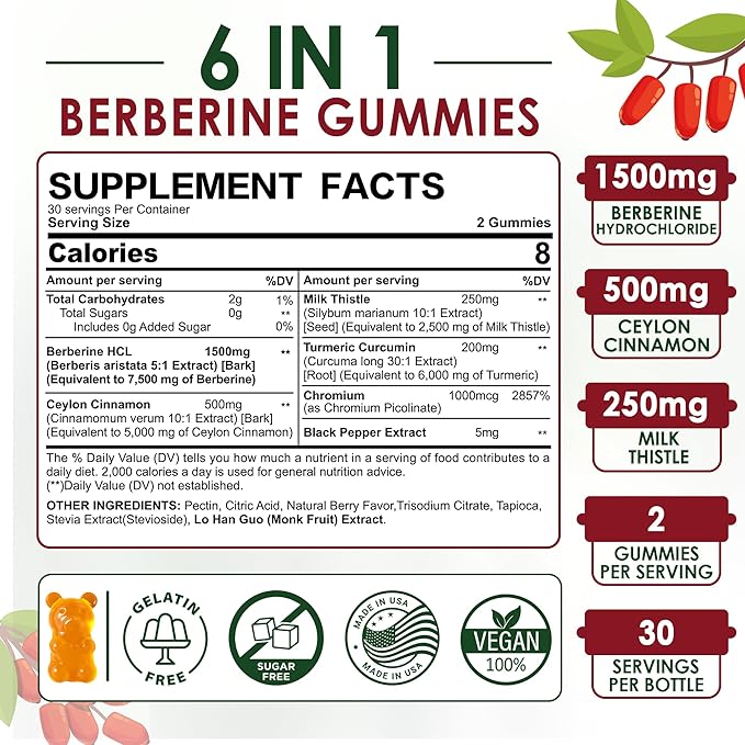 Berberine Gummies Supplement 1500mg Natural GLP-1 Support + Ceylon Cinnamon Chromium Milk Thistle Turmeric AMPK Activator for Women &amp Men Berberine HCl from Indian Barberry Sugar Free 60 C