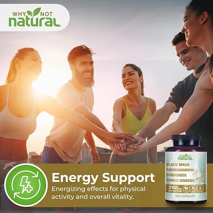 Why Not Natural 4-in-1 Organic Black Maca Root Ashwagandha Fenugreek Panax Ginseng Capsules Supplement for Men and Women