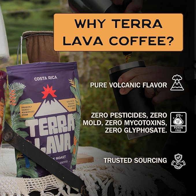 Terra Lava Coffee – Medium Roast Whole Bean Coffee Single-Origin Costa Rican Arabica Volcanic Soil Grown Honey-Processed Tested for Mold &amp Mycotoxins (12 oz)