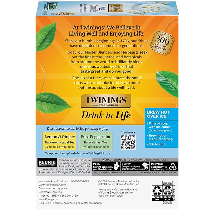 Twinings Pure Camomile Herbal Tea K-Cup Pods for Keurig Naturally Caffeine-Free Made with Pure Camomile Blossoms 24 Count (Pack of 4) Enjoy Hot or Iced
