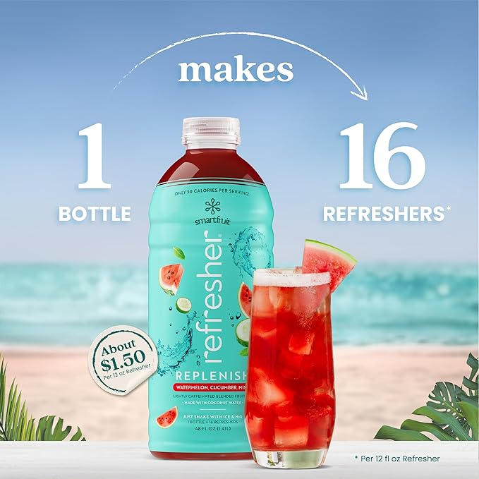 Smartfruit Replenish Refresher – Watermelon Cucumber Mint – Made with Real Fruit Juice No Added Sugar Coconut Water for Hydration Green Coffee Bean Extract for Natural Energy – 48oz Drink Mix