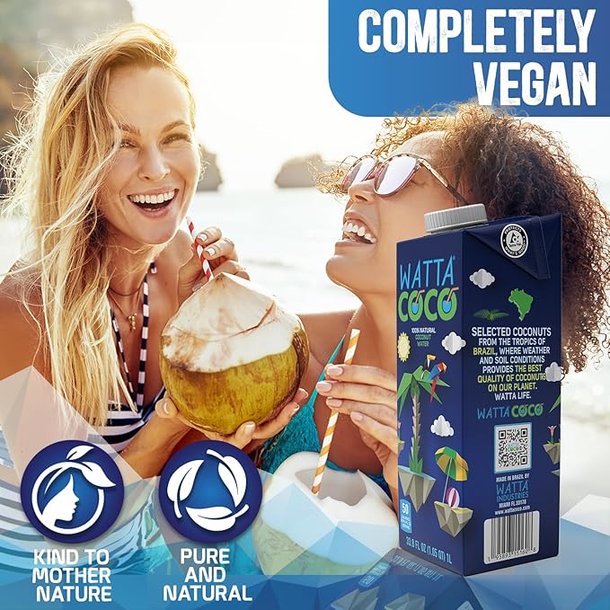 Watta Coco Natural Brazilian Coconut Water No Added Sugar - Unsweetened and Preservative Free Agua de Coco - Healthy Drinks and Juice Alternative for Adults and Kids from Young Raw Green Coconuts 33