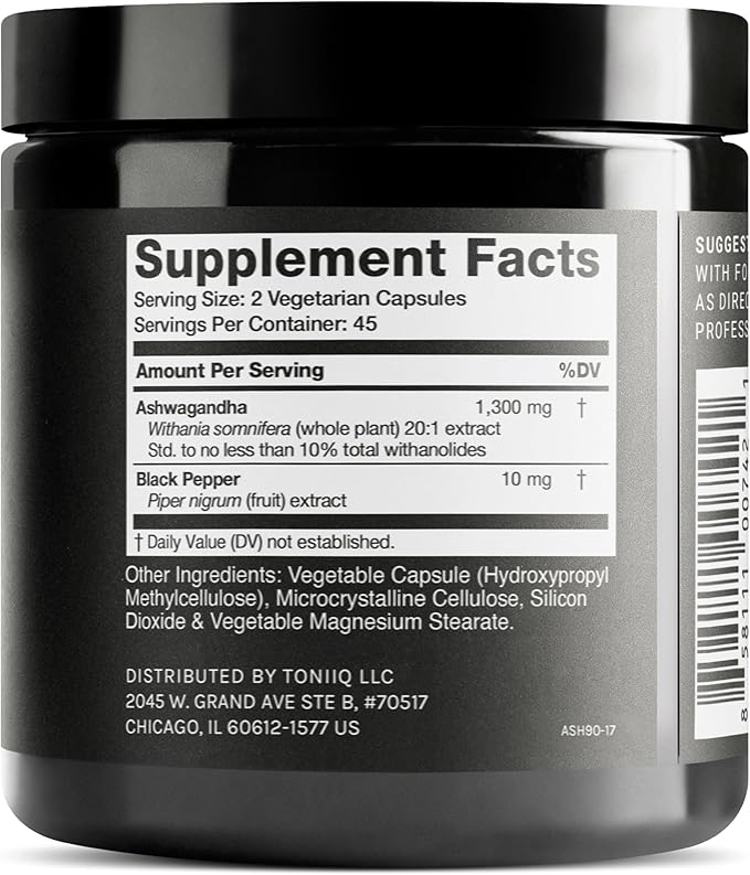 Toniiq Ashwagandha - Ultra High Potency 20:1 Extract with 10% Withanolides - Wild Harvested in India - Highly Concentrated - Third-Party Lab Tested - 90 Capsules