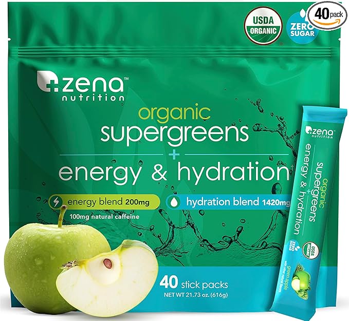 Zena Nutrition Organic Super Greens Energy &amp Hydration Powder 70+ Superfoods 0 Sugar 5G Fiber Spirulina Chlorella Prebiotics/Probiotics Natural Caffeine + Electrolytes 40 Drink Mix Packets