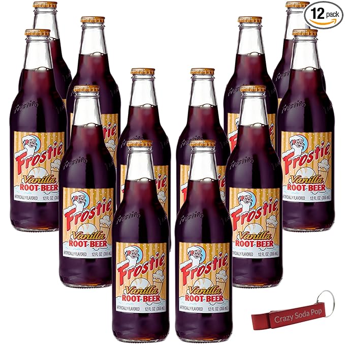 Frostie Vanilla Root Beer | One of Frostie’s Popular Soda Flavors | Real Cane Sugar | Caffeine Free | 12 oz Glass Bottles with Crazy Soda Pop Bottle Opener (12 Pack)