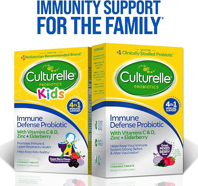 Culturelle Immune Defense Probiotic with Vitamin CVitamin D and Zinc + ElderberryNon-GMO4-in-1 Immune Support for Kids Ages 3+*Mixed Berry Chewables60 Count (Pack of 2)