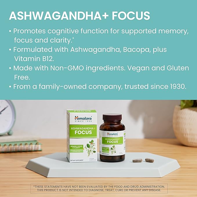Himalaya Ashwagandha+ Focus - Herbal Focus Supplement with B12 Rosemary Green Tea and Bacopa Nootropics for Memory and Clarity - Vegan Non-GMO Gluten Free 1690 mg 60 Caplets