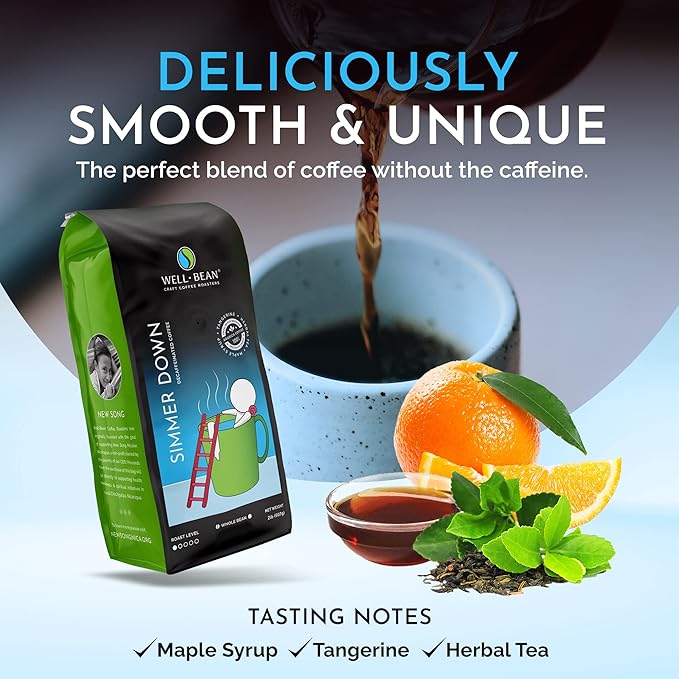 Well-Bean Coffee - Simmer Down Colombian Coffee Beans Decaf Coffee Swiss-Water-Processed Whole Bean Coffee Vegan Decaf Coffee Beans Light Roasted Coffee 2 lb Coffee Bag
