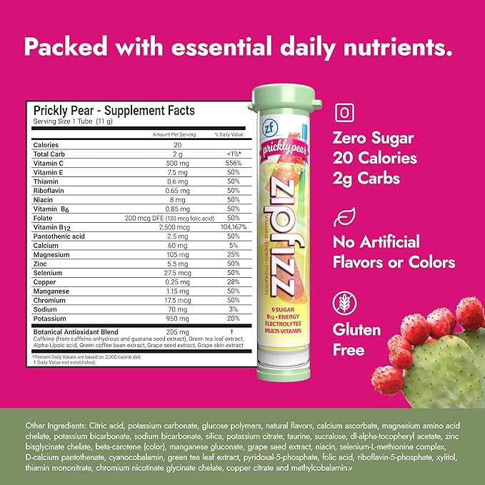 Zipfizz Daily Energy Drink Powder Prickly Pear 20 Pack | 3-in-1 Sustained Energy Rapid Hydration and Essential Vitamins | Sugar-Free | Electrolyte Powder | Contains Vitamin B-12 &amp Antioxidants