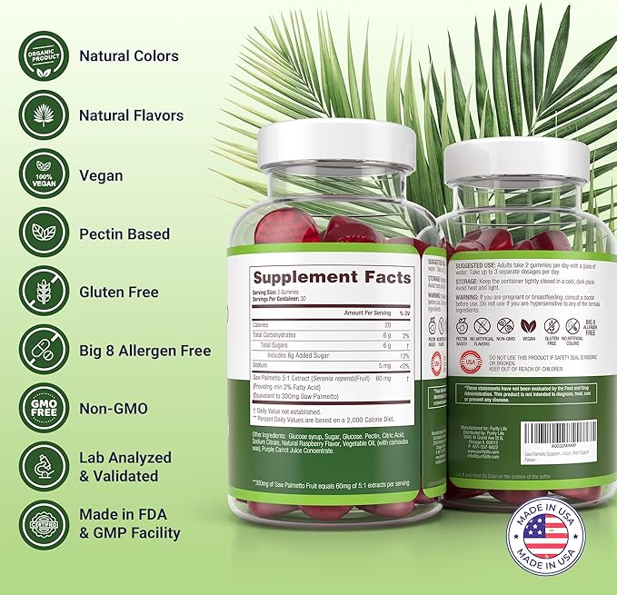 Sugar-Free Saw Palmetto Gummies for Men &amp Women - Saw Palmetto Extract Supplement for Hair Appearance Hormone Balance &amp Prostate Wellness - Vegan Pectin Formula Non-GMO Gluten Free - 60 Cou