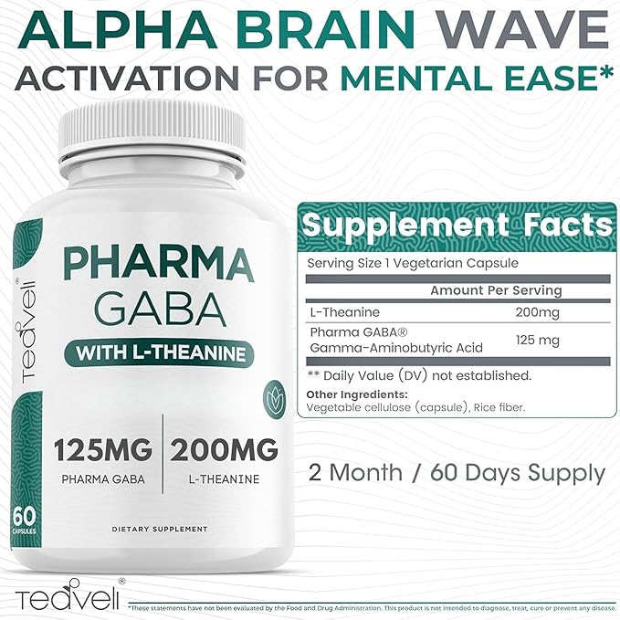 Teaveli Pharma GABA with L Theanine Supplement - 100mg PharmaGABA and 200mg L-Theanine - Clean Label - Supports Calm and Focus - No Additives or Preservatives – 60 Veggie Capsules