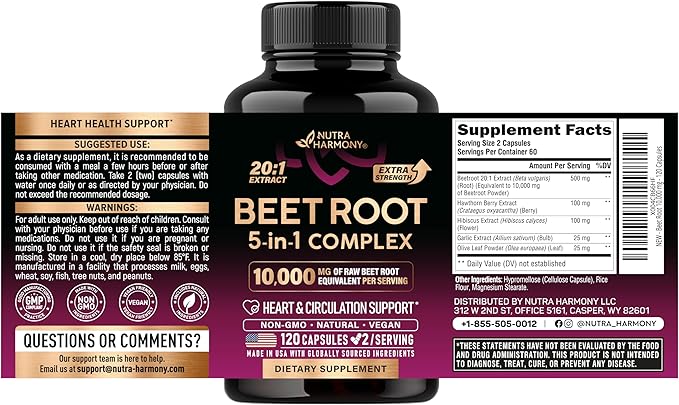 Beet Root 5-in-1 Complex Capsules - Healthy Blood Pressure Support Supplement** for Heart &amp Circulation Support - Olive Leaf Hawthorn Berry &amp Hibiscus - for Men &amp Women - Made in USA 120