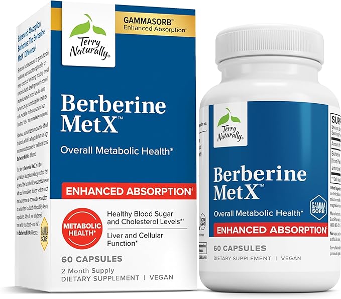Terry Naturally Berberine MetX Extra Strength - Brain &amp Liver Health Support Supplement - Supplement with Indian Barberry Root Extract - Vegan Capsules for Metabolic Health Support - 60 Capsules