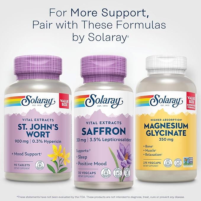 SOLARAY Saffron Extract - Sleep and Positive Mood Support - Vegan and Gluten Free Saffron Supplements - Lab Verified - 60-Day Guarantee - 30 Servings 30 VegCaps