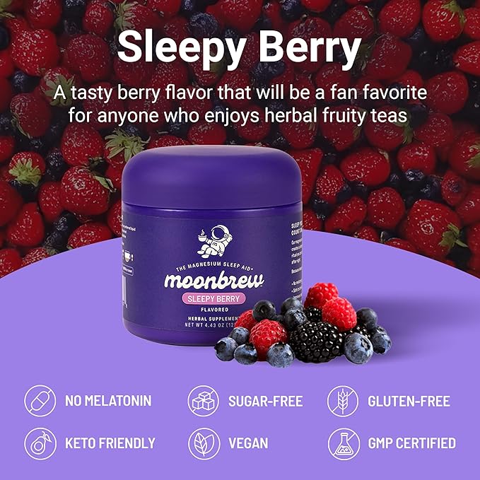 MoonBrew Nighttime Magnesium Sleepy Berry Smoothie Natural Sleep Aid Drink Mix for Adults 2-Pack - Calming Melatonin-Free Sleep Support with L-Theanine Chamomile &amp Zinc Glycinate - 50 Servings
