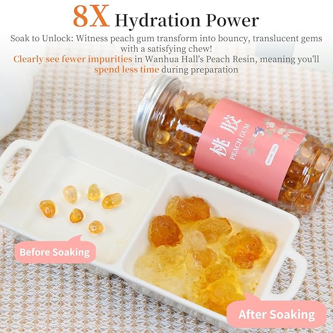 Wanhua Hall Dried Peach Gum Chinese Tao Jiao Natural Peach Resin 9.8oz Bouncy Texture Ideal for Desserts SoupsMilk Tea 桃胶