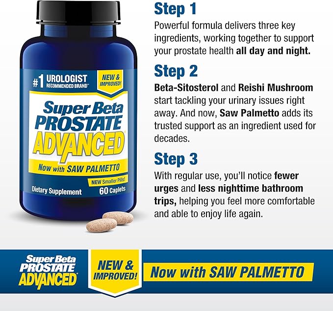 SUPER BETA PROSTATE Advanced with Saw Palmetto - Prostate Health Supplements for Men Bladder &amp Urinary Support with Beta-sitosterol Reishi Saw Palmetto Vitamin D Zinc Oxide Selenium - 60 Cou