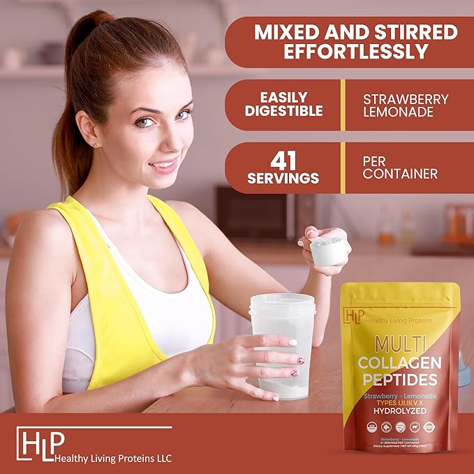 Healthy Living Proteins - Hydrolyzed Multi Collagen Peptides Powder Types I II III V &amp X - Grass Fed Bovine Wild Caught Marine Free Range Chicken - Gluten Free (Strawberry-Lemonade 16 oz)
