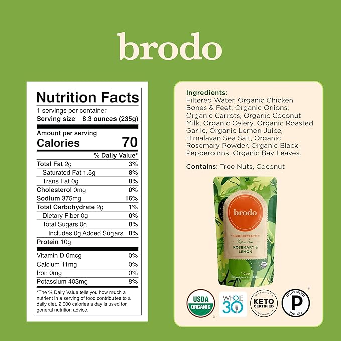 Brodo Broth Collagen Variety Pack Ginger &amp Turmeric Rosemary &amp Lemon Coconut Curry &amp lime Chicken Broth Hearth Broth Roasted Garlic and Chili No Preservatives Collagen 8 oz (Pack of