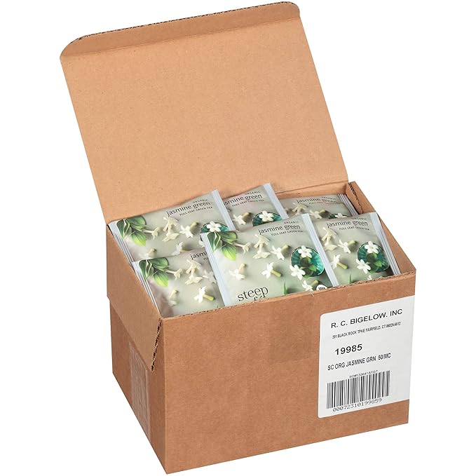 Steep Café Organic Jasmine Green Tea 50 Bags per Box Single Source Premium Whole Leaf Teas in a Sachet Pyramid Bag Individually Wrapped in a Foil Pouch Hot or Iced by Bigelow Tea