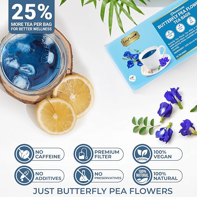 LeafLea 80 Butterfly Pea Flower Tea Bags Natural Herbal Tea for Blue and Purple Drinks Mocktails and Food Coloring Caffeine-Free Sugar-Free Non-GMO Pack of 2