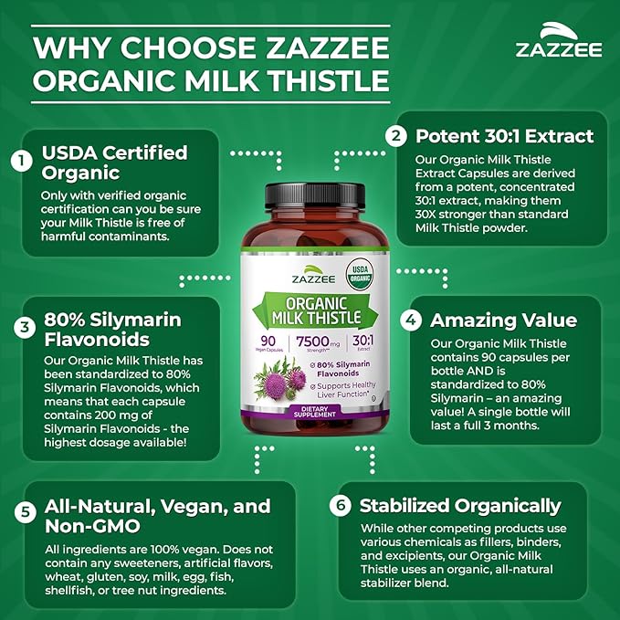 Zazzee USDA Organic Milk Thistle 30:1 Extract 80% Silymarin 90 Vegan Capsules 3 Month Supply Certified Kosher High Potency Liver &amp Antioxidant Support Silybum Marianum Non-GMO Made in the