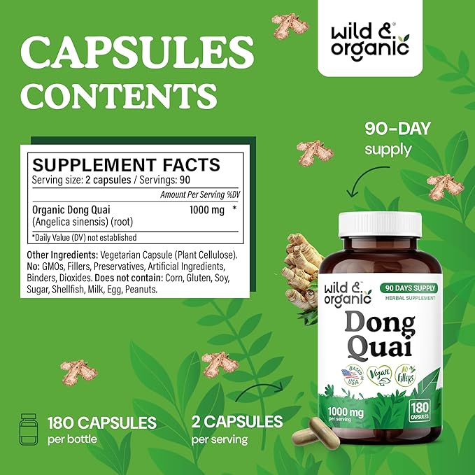Wild &amp Organic Dong Quai Capsules 1000 mg - Menopause Supplements for Women - Dong Quai Root Supplement - Angelica Root Herb - 90-Day Supply - Non-GMO Vegan Gluten-Free - 180 Count