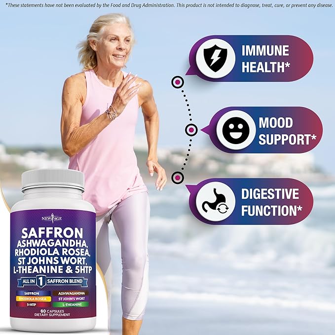 NEW AGE Saffron Supplements with Ashwagandha - Support with L-Theanine Ginkgo Biloba St. John's Wort Rhodiola Rosea &amp 5-HTP - Saffron 60 Count
