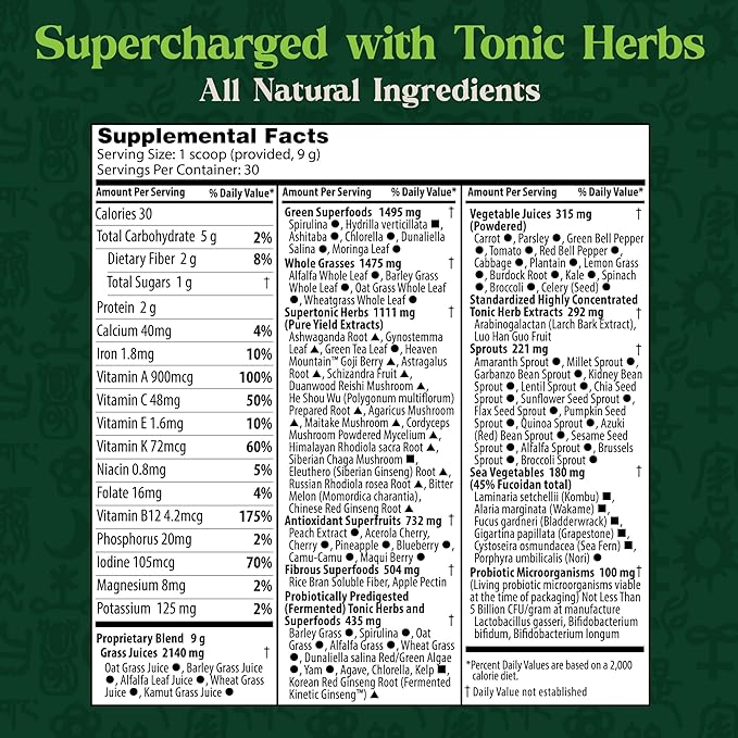 Dragon Herbs Tonic Alchemy Superfood Greens Powder with 91 Ingredients: Tonic Herbs Ashwagandha Mushrooms Probiotics Super Greens Seaweeds Fruits Vegetables Spirulina - 30 Servings