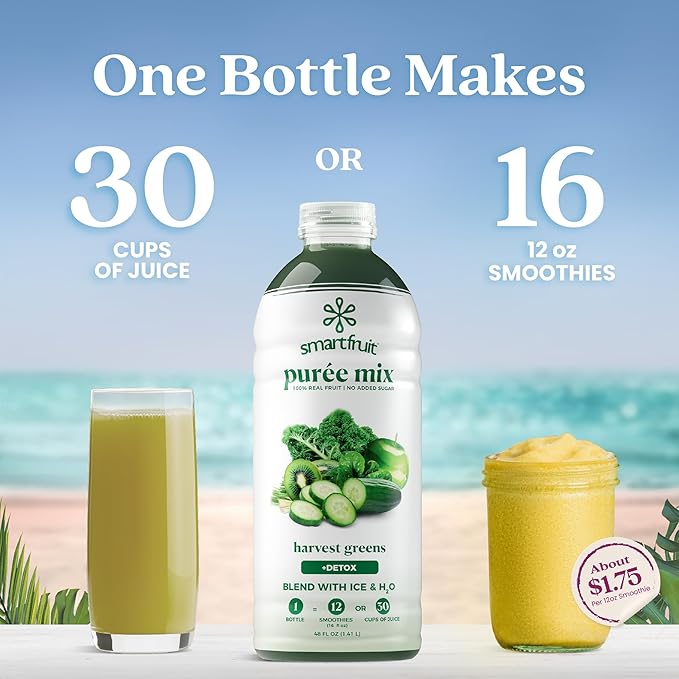 Smartfruit Harvest Greens + Detox – 100% Real Fruit Purée with Kiwi Cucumber Kale Spinach Lemongrass Apple &amp Banana – Great for Smoothies Juice Yogurt Cocktails Teas &amp More – 2-Pk 48