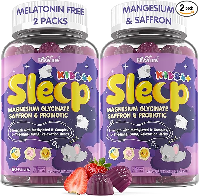Kids Sleep Gummies- Magnesium Glycinate with Vitamin B6 D3 L-Theanine GABA Chamomile Saffron Methylate B12 for Peaceful Sleep Relax Brain &amp Muscle Bedtime Unwind Melatonin Free120 Cts