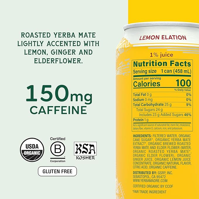 Yerba Madre Organic Yerba Mate Lemon Elation 150mg Natural Caffeine Energy Drink Alternative No Jitters or Crash 15.5 Oz Cans (Pack of 12)