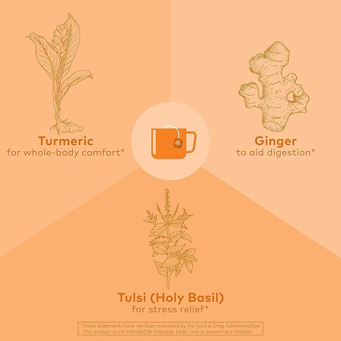 ORGANIC INDIA Tulsi Turmeric Ginger Herbal Tea - Stress Relieving &amp Harmonizing Immune Support Aids Digestion Vegan Caffeine-Free - 18 Infusion Bags 6 Pack