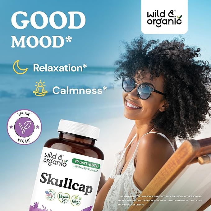 Wild &amp Organic Skullcap Herb Capsules 1200 mg - Calming Skullcap Supplement - 180 Capsules - Scutellaria Lateriflora Leaf Extract - 3-Month Supply - Vegan No Fillers Non-GMO