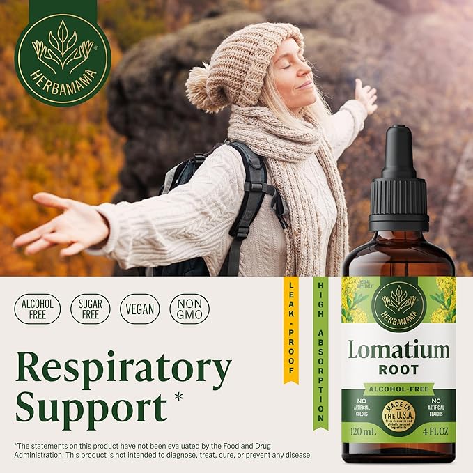 HERBAMAMA Lomatium Root Tincture - Vegan Lomatium Dissectum Extract for Lung Cleanse &amp Detox - Non-GMO Alcohol &amp Sugar-Free Respiratory Lung Support Supplement 56-Day Supply