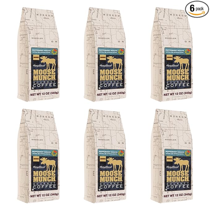 Harry &amp David Moose Munch Peppermint Mocha Flavored Gourmet Ground Coffee 100% Arabica Coffee - 12 Ounce (Pack of 6)