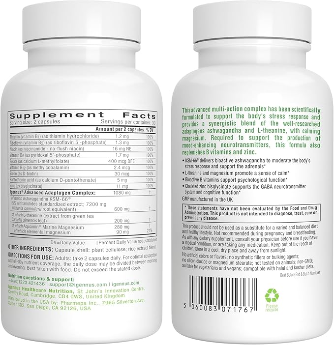 Igennus High Strength Ashwagandha Magnesium &amp L-Theanine Stress Relief Complex KSM-66 Root Extract Adaptogens Boosted with Methylfolate Zinc &amp Biotin Clean Label 60 Fast Acting Capsules
