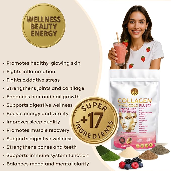 Vital Life Collagen Peptides Powder - Hydrolyzed Collagen with +17 Super Ingredients 1.6 lb Red Berries Flavor Supplement for Healthy Hair Skin Nails Bones Joints Collagen for Women &amp Men