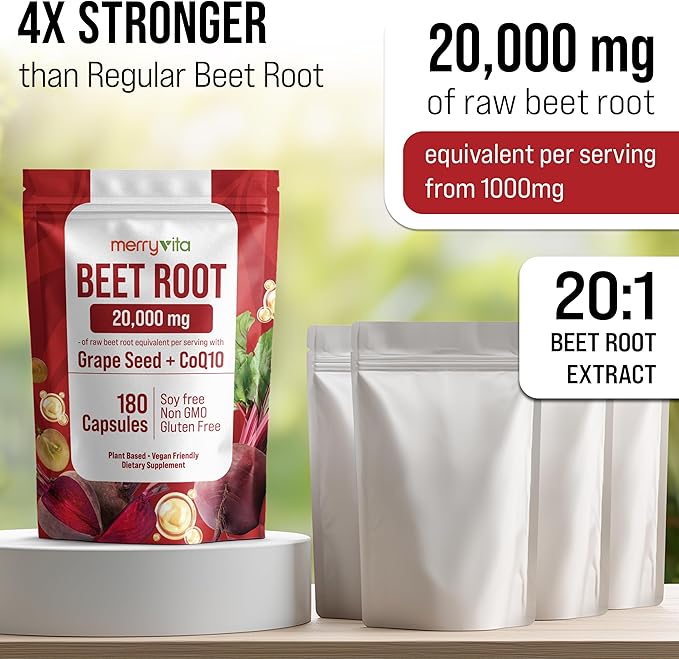Beet Root Capsules with Grape Seed &amp CoQ10 - Blood Pressure Support Supplement - Nitric Oxide Booster - Super Beets Supplement for Heart Energy Circulation - 180 Vegan Capsules Non GMO