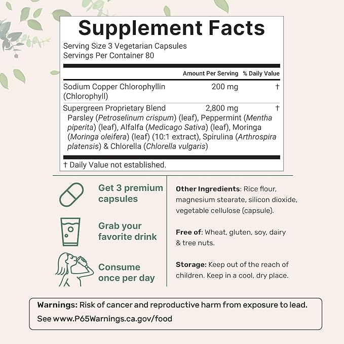 Micro Ingredients Chlorophyll Super Greens Complex | 240 Veggie Capsules with Parsley Moringa Spirulina Chlorella &amp More | Gluten-Free No Additives