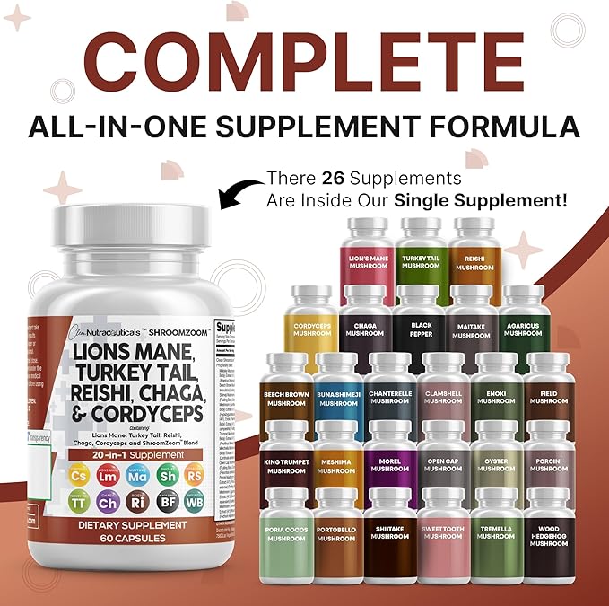 Clean Nutraceuticals Lions Mane 20in1 Mushroom Supplement with Turkey Tail Reishi Cordyceps Chaga Maitake Meshima Poria Cocos Shiitake Oyster Porcini Enoki (5)