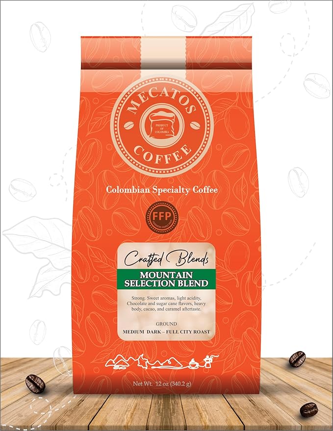 Ground Coffee – Medium Dark - Full City Roast Colombian Specialty Grade by Mecatos Coffee (12 oz Mountain Selection Blend)