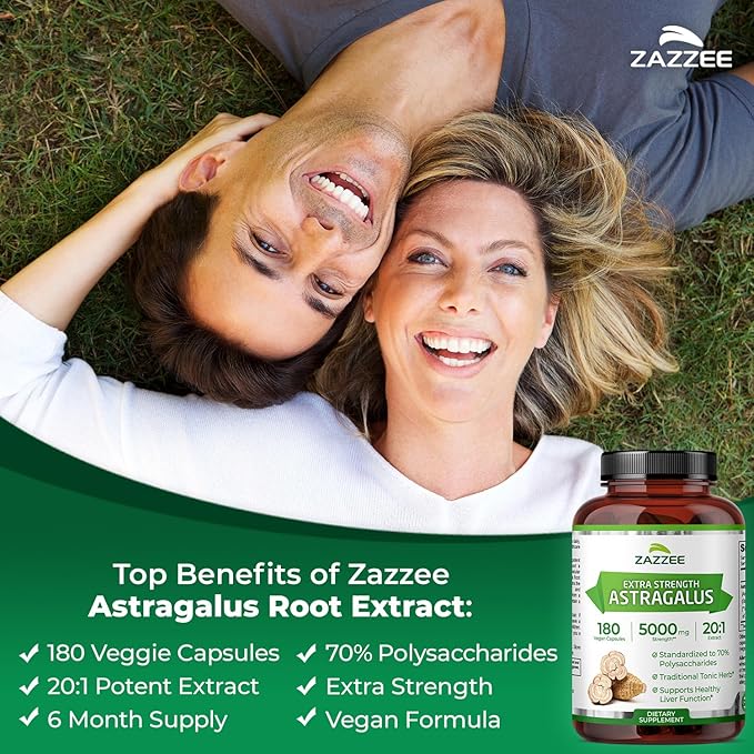 Zazzee Extra Strength Astragalus Root 20:1 Extract 70% Polysaccharides 180 Vegan Capsules 6 Month Supply Astragalus Membranaceus Immune System Support Non-GMO Herbal Supplement Made in the USA