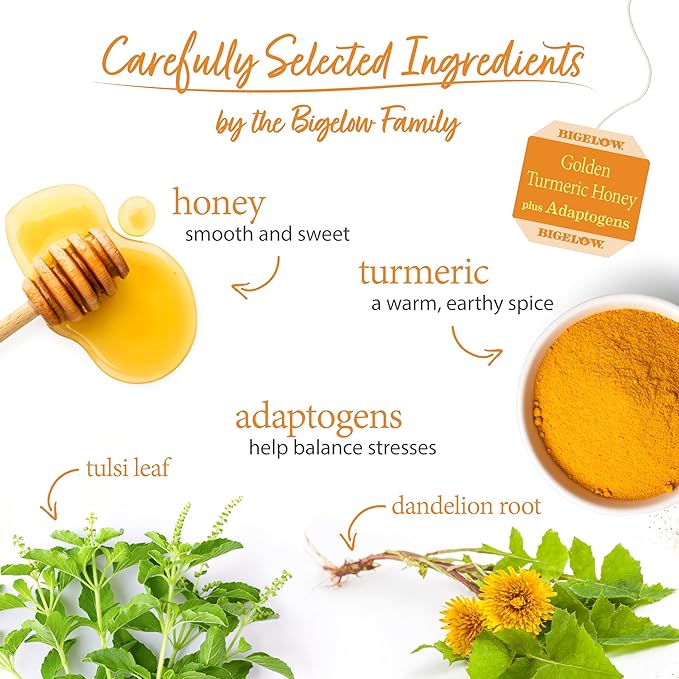 Bigelow Tea Golden Turmeric Honey plus Adaptogens 18 Count (Pack of 6) 108 Total Tea Bags