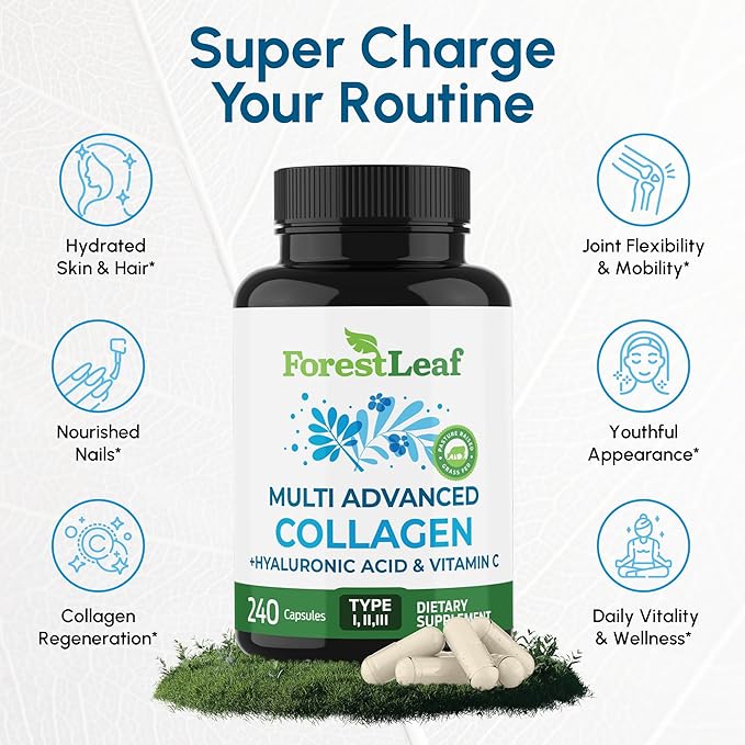 ForestLeaf Multi Collagen Pills - Collagen Men &amp Collagen Women - Hydrolyzed Collagen Supplements with Vitamin C &amp Hyaluronic Acid - Collagen Capsules for Hair Skin &amp Nails (240 Peptide C